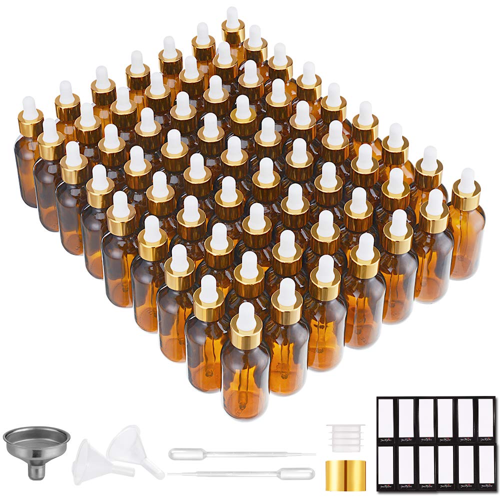 PrettyCare Glass Eye Dropper Bottles 24 Pack, 1oz (30ml) Clear Empty Thick Bottles Bulk with Leakproof Golden Caps - With Labels & Funnels for Storage, Travel, Essential Oils, Cuticle Oils, Tinctures