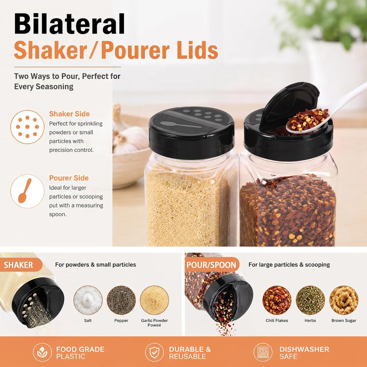 Hacaroa 16 Pack 20 Oz Plastic Spice Jars with Shaker/Pourer Lids, Square Large Empty Seasoning Containers Clear Spice Bottles for Dry Food, Condiments, Herbs, Powders