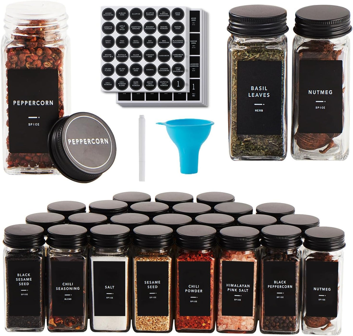 25 Glass Spice jars with label, 4oz Seasoning jars with Black Metal Lids