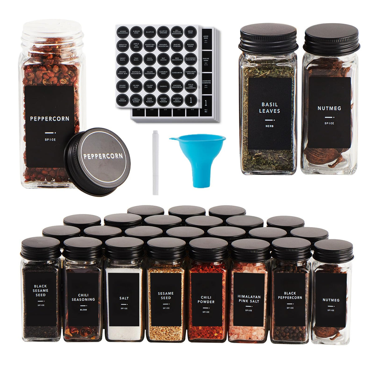 25 Glass Spice jars with label, 4oz Seasoning jars with Black Metal Lids