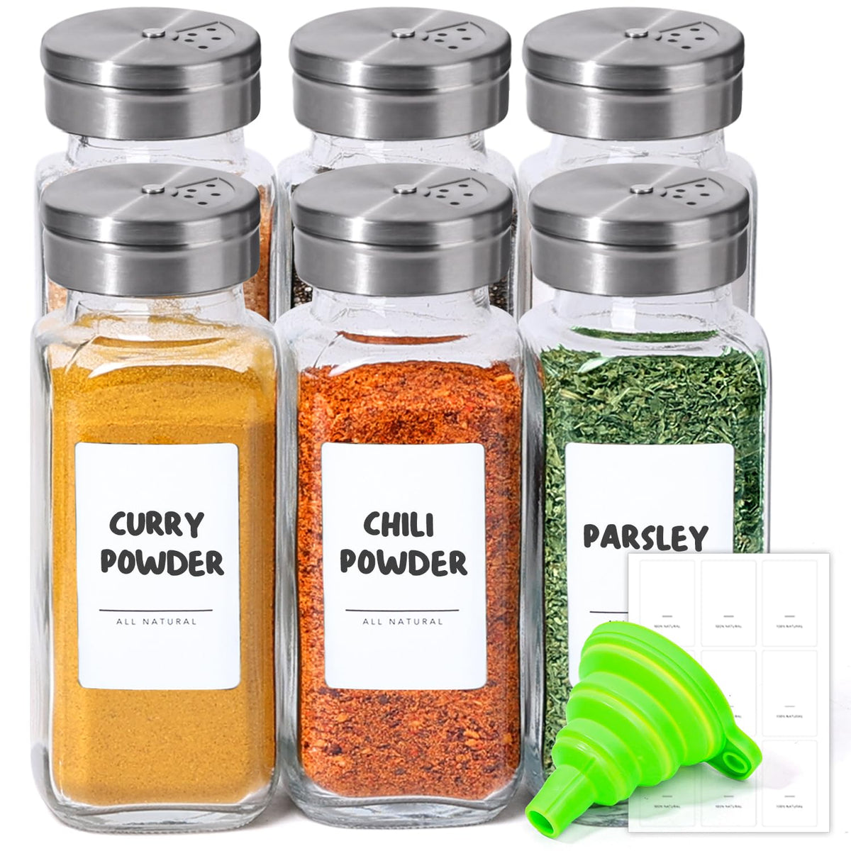 ComSaf Glass Spice Jars with with Labels 4 oz 15 Pack Small Square