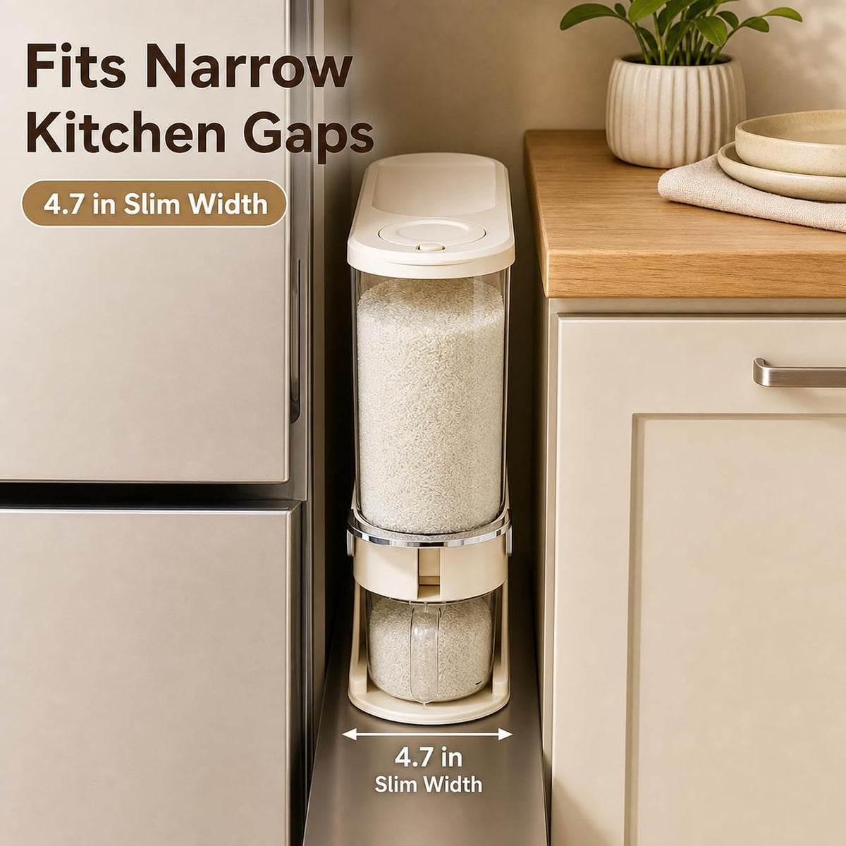 Rice Dispenser 11 Lb, Slim Rice Storage Container with Double Sealing Strip, Press to Dispense Cereal Container Airtight for Kitchen Pantry Organization, (Creamy Yellow-11lb)