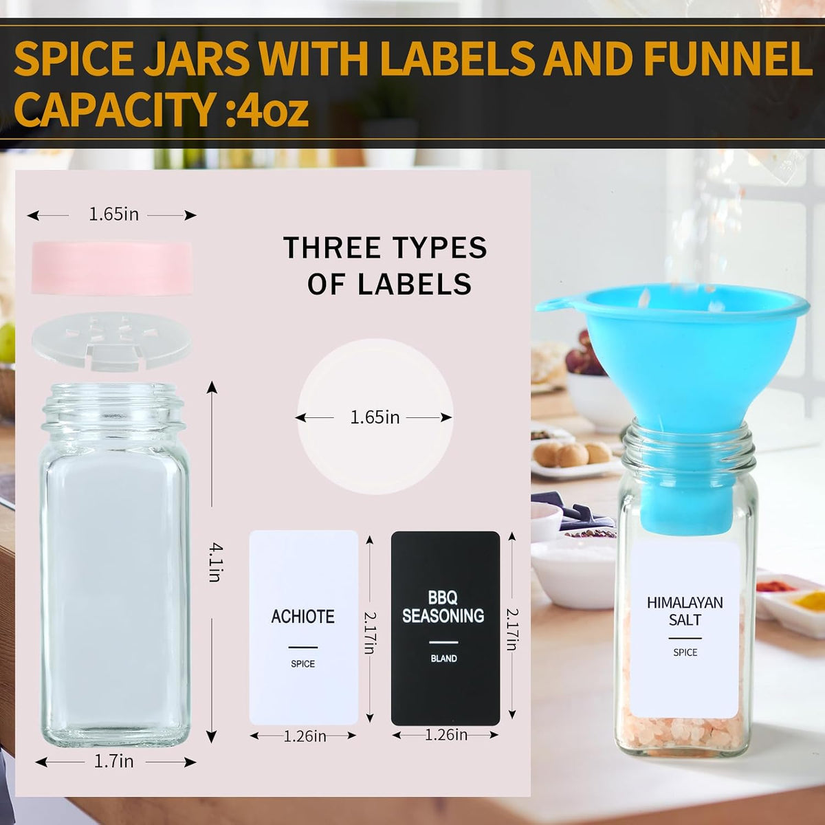 24 Glass Spice Jars with Labels, Spice Jar Set, 4oz Seasoning Containers, Spice Containers with Pink Airtight Lids and Shaker Lids, Square Empty Spice Bottles, 492 Labels, 1 Funnel