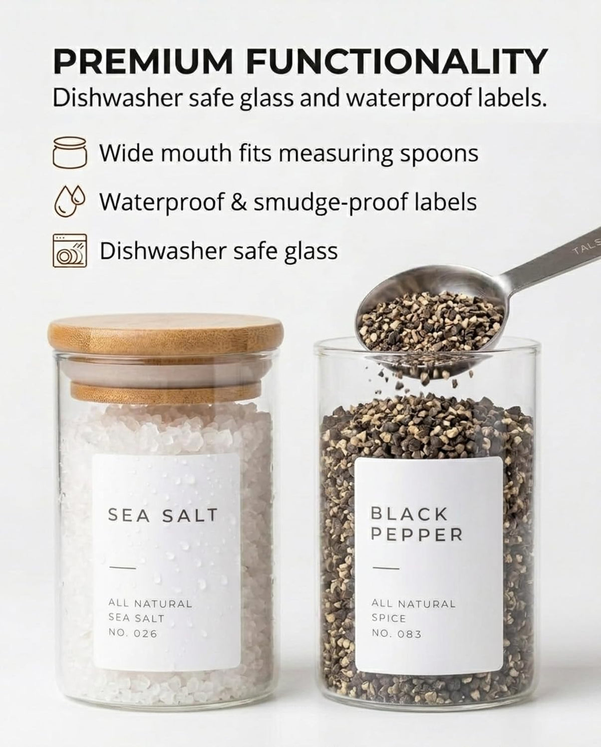 Bloomondo Glass Spice Jars with Label Pack (12x Bamboo Lid Glass Jar) Small 6oz Empty Spice Storage Bottles with 112 Printed Stickers and 48 Writable Pantry Labels for Seasoning Containers