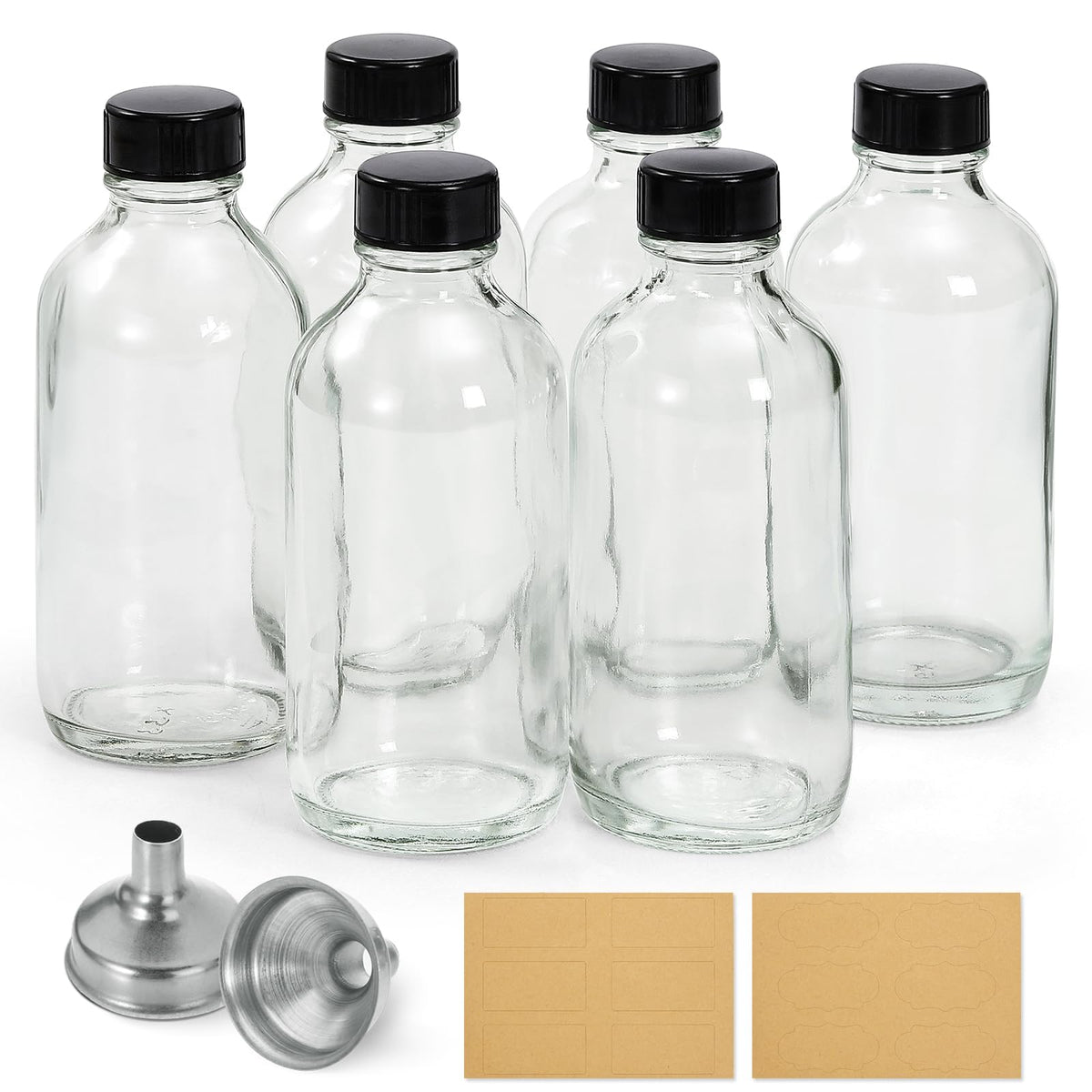 10 Pack, 4 oz Small Clear Glass Bottles w/ Lids & 3 Stainless Steel Funnel - 120ml Boston Round Sample Bottle for Potion, Juice, Ginger Shot, Wellness, Oils, Whiskey, Liquids - Leakproof Travel Bottle