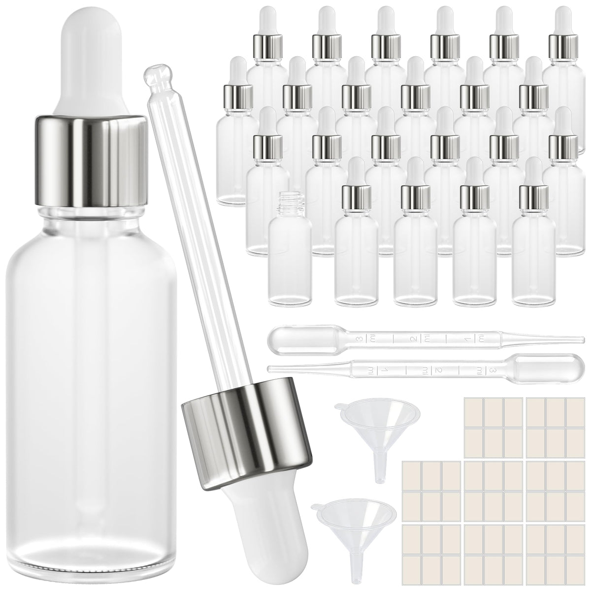 PrettyCare Glass Eye Dropper Bottles 24 Pack, 1oz (30ml) Clear Empty Thick Bottles Bulk with Leakproof Golden Caps - With Labels & Funnels for Storage, Travel, Essential Oils, Cuticle Oils, Tinctures