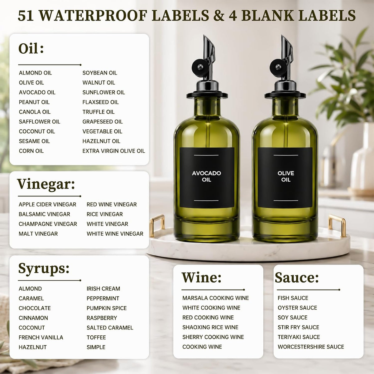 Glass Olive Oil Dispenser Set of 2, 350ml/11.8oz UV-Protected Green Bottles Self-Closing Pourer, Includes 50 Labels, Funnel & Aligner, Oil & Vinegar Dispenser for Kitchen Cooking