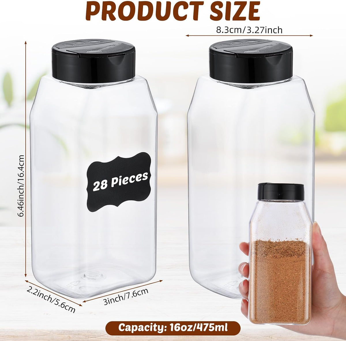 Mifoci 28 Pack 16 oz Black Plastic Spice Jars with Cap