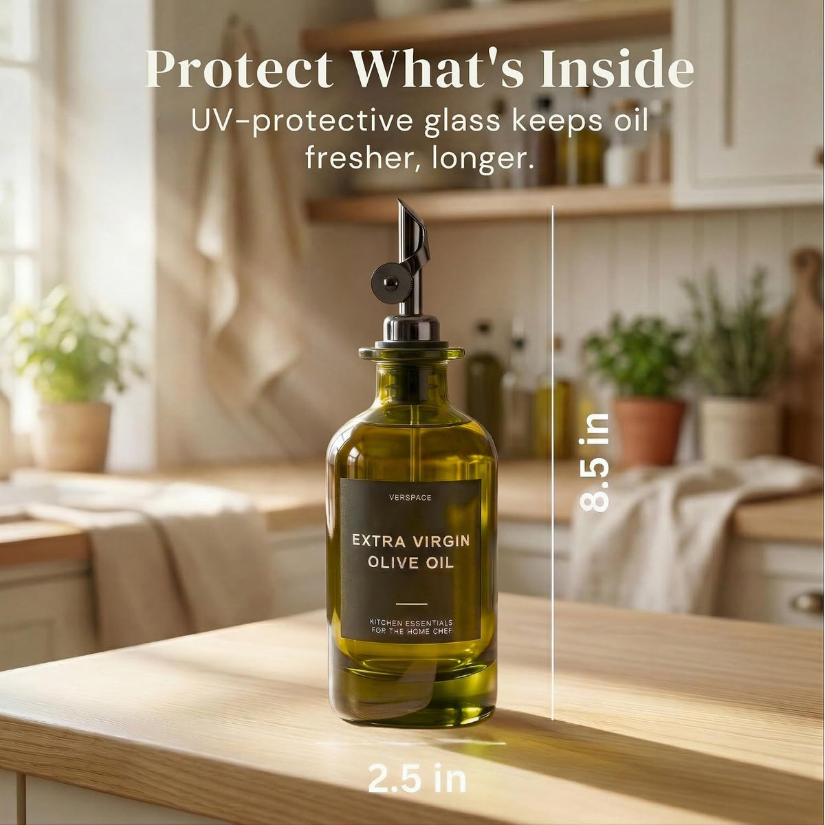 Verspace Green Glass Olive Oil Dispenser Bottles For Kitchen - 2 Pack - 12oz Includes 42 Kitchen Essential Labels, Avocado Oil Dispenser Set, Modern Decor for Home, Airbnb, Cafe