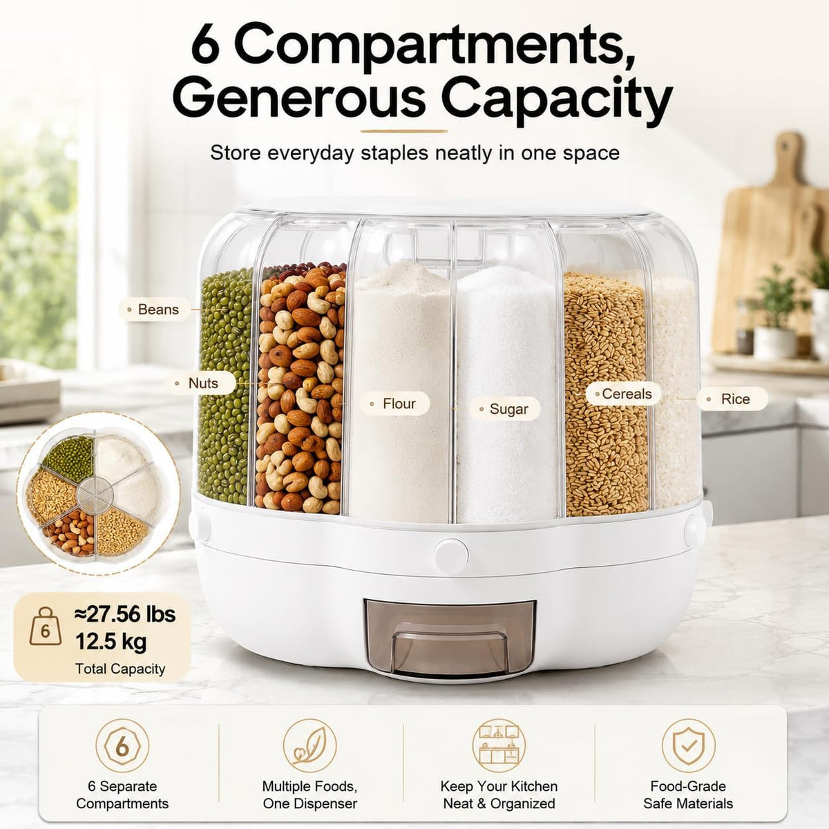 6-Compartment Rotating Rice Dispenser, 27lbs Storage Container for Dry Food