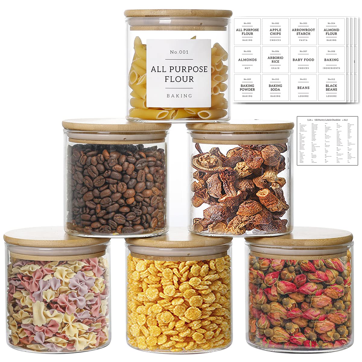 Glass Spice Jars with Bamboo Lids - 20 Pcs Thicken(2.4mm) 4oz Airtight Seasoning Containers with 131 Waterproof Minimalist Spice labels Preprinted - Small herb Jars for Pantry Organization and Storage