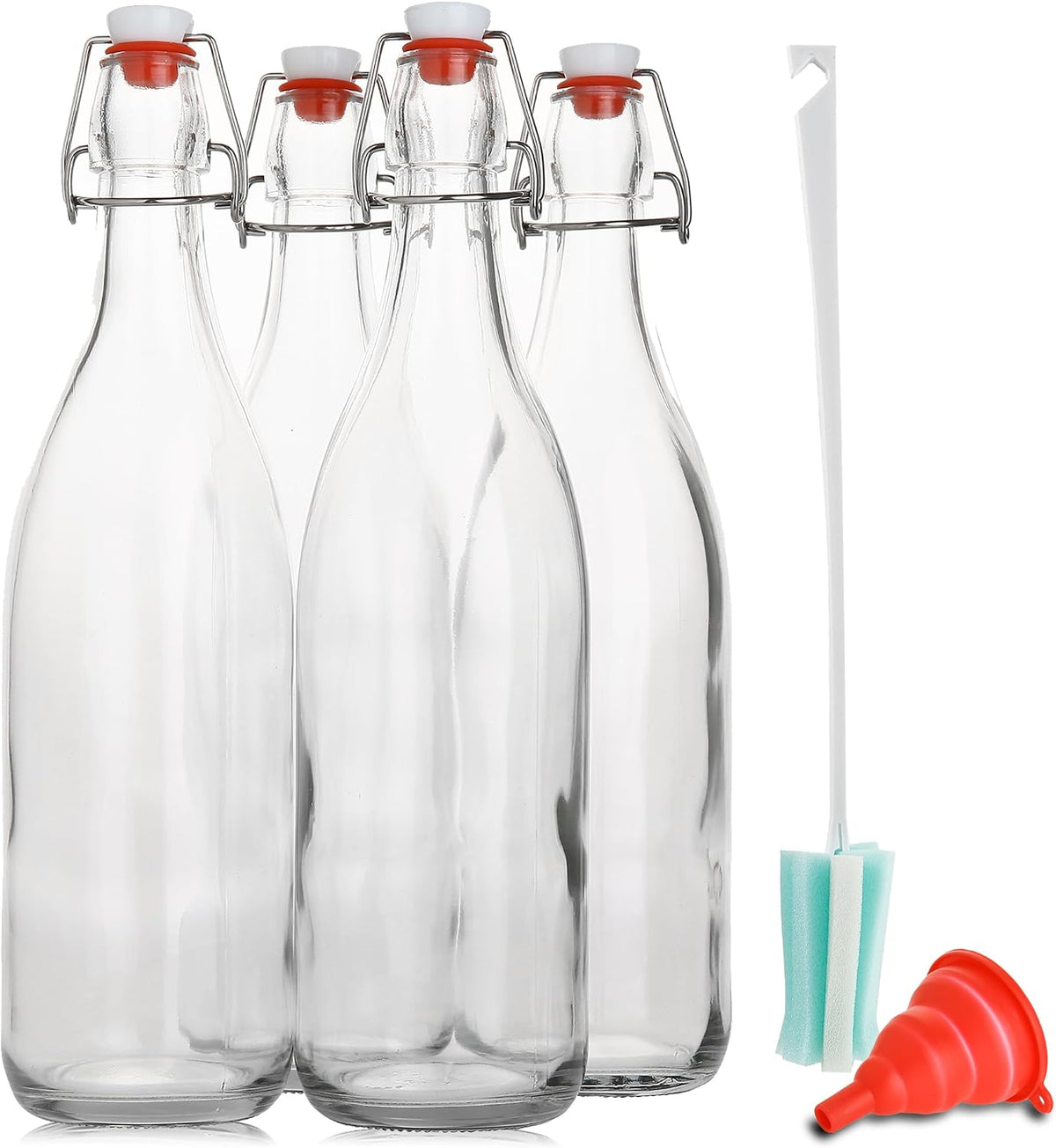 AYL Flip Top Glass Bottle [1 Liter / 33 fl. oz.] [Pack of 4] – Swing Brewing Bottle with Stopper for Beverages, Oil, Vinegar, Kombucha, Water, Soda, Kefir – Airtight Lid & Leak Proof Cap – Clear