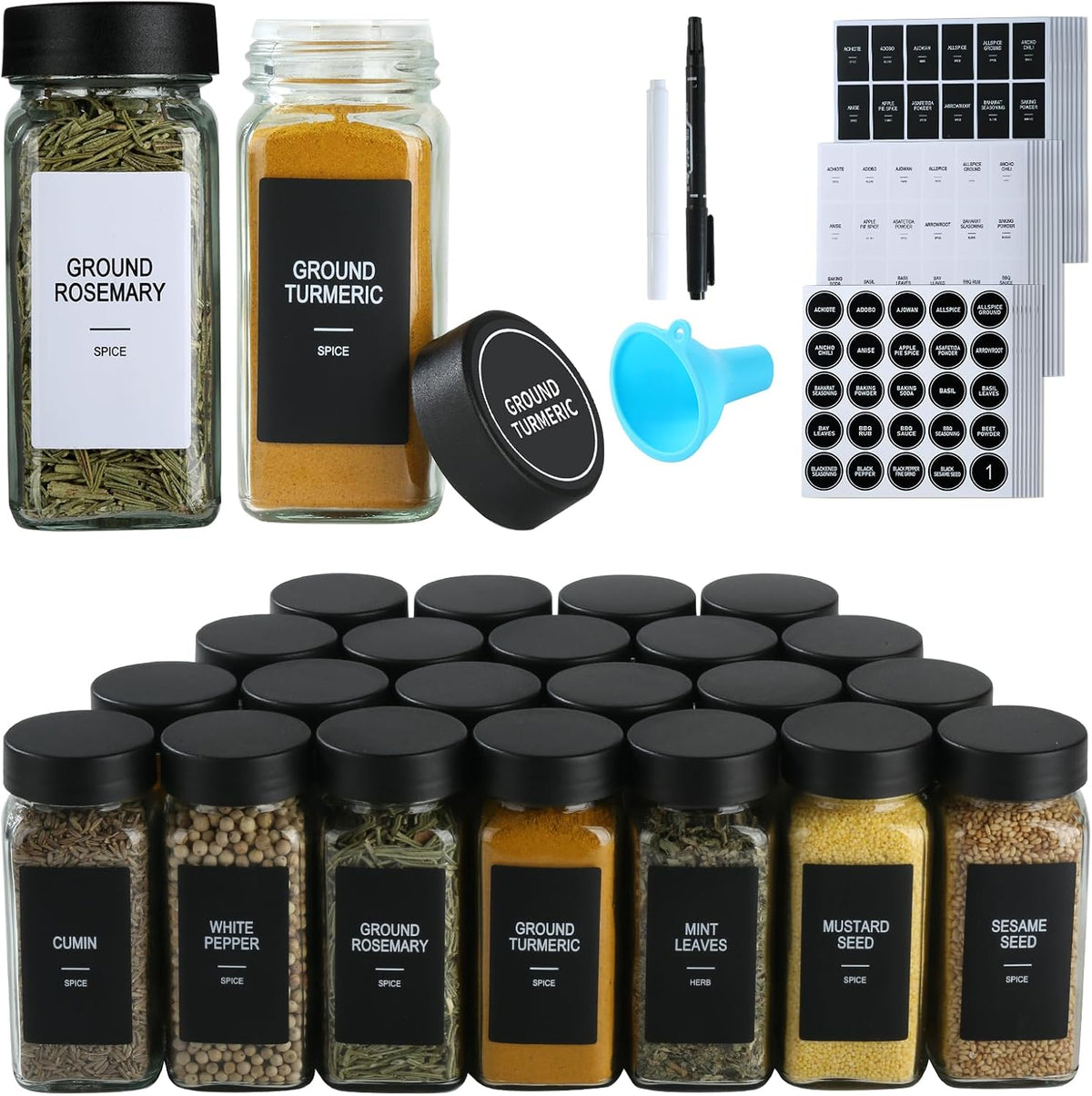 24 Glass Spice Jars with Labels, 4oz Spice Containers with Airtight Lids