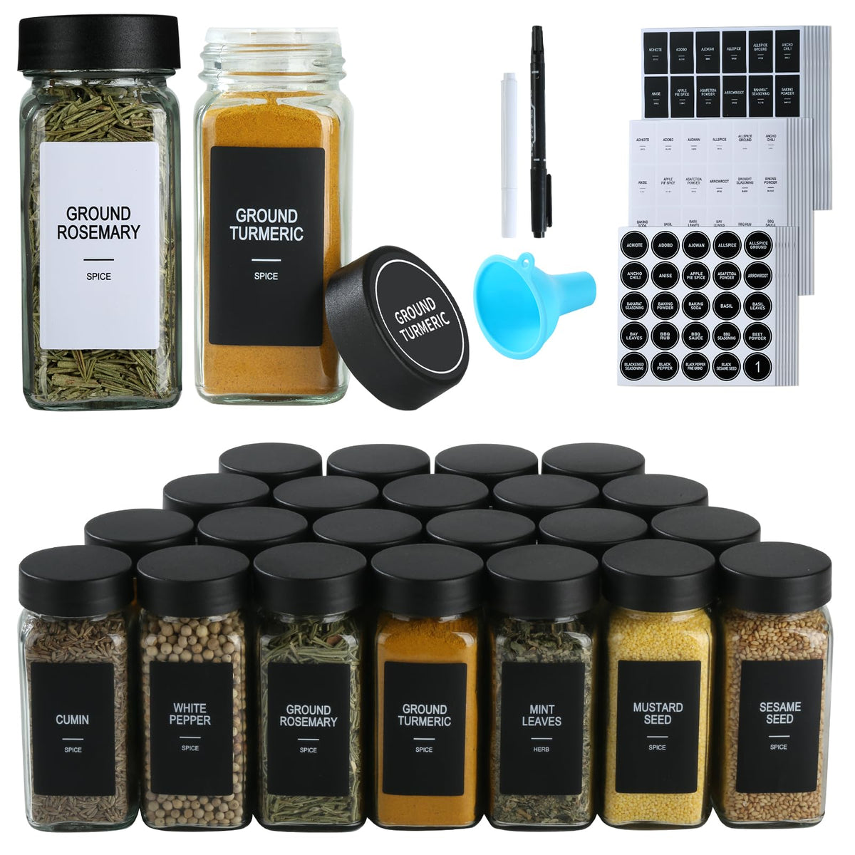24 Glass Spice Jars with Labels, 4oz Spice Containers with Airtight Lids