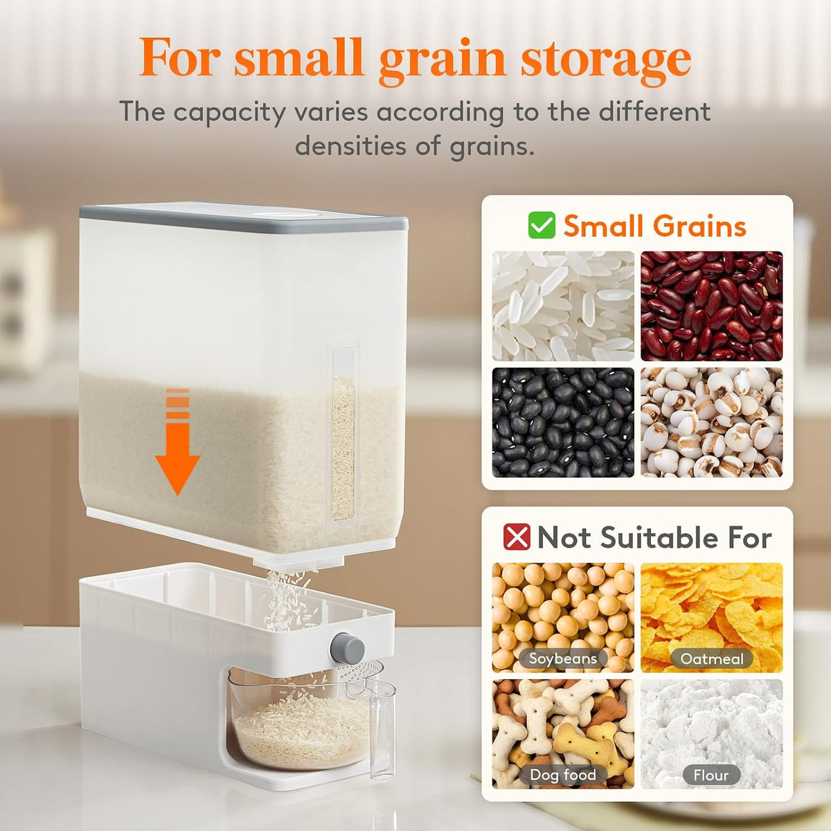 Lifewit Rice Container 26 Lbs, One-Press Dispenser with Measuring Cup