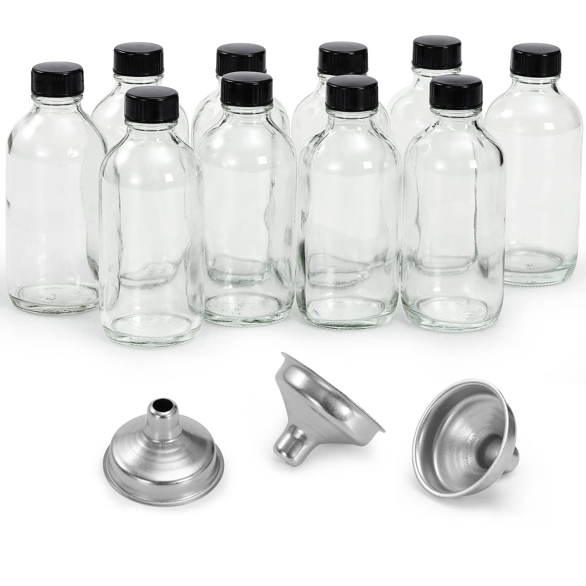 10 Pack, 4 oz Small Clear Glass Bottles w/ Lids & 3 Stainless Steel Funnel - 120ml Boston Round Sample Bottle for Potion, Juice, Ginger Shot, Wellness, Oils, Whiskey, Liquids - Leakproof Travel Bottle