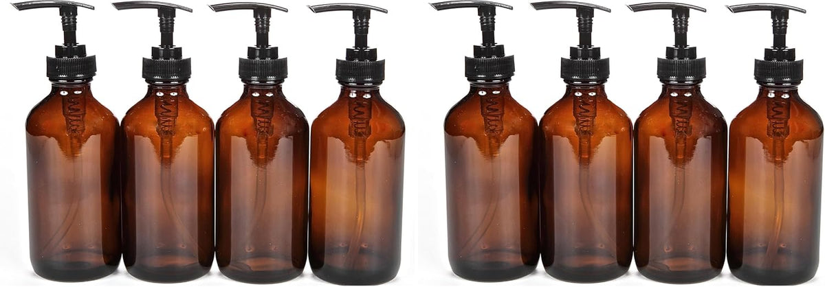 Vivaplex Large 8oz Empty Amber Glass Bottles with Black Lotion Pumps - 4 pk