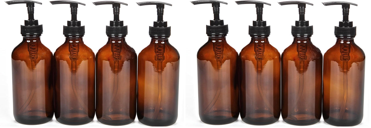 Vivaplex Large 8oz Empty Amber Glass Bottles with Black Lotion Pumps - 4 pk