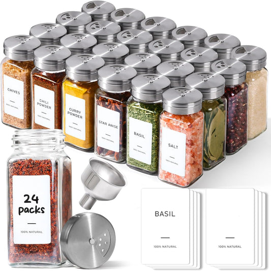 ComSaf Glass Spice Jars with Shaker Lids 4 oz 24 Pack Small Square Bulk Set