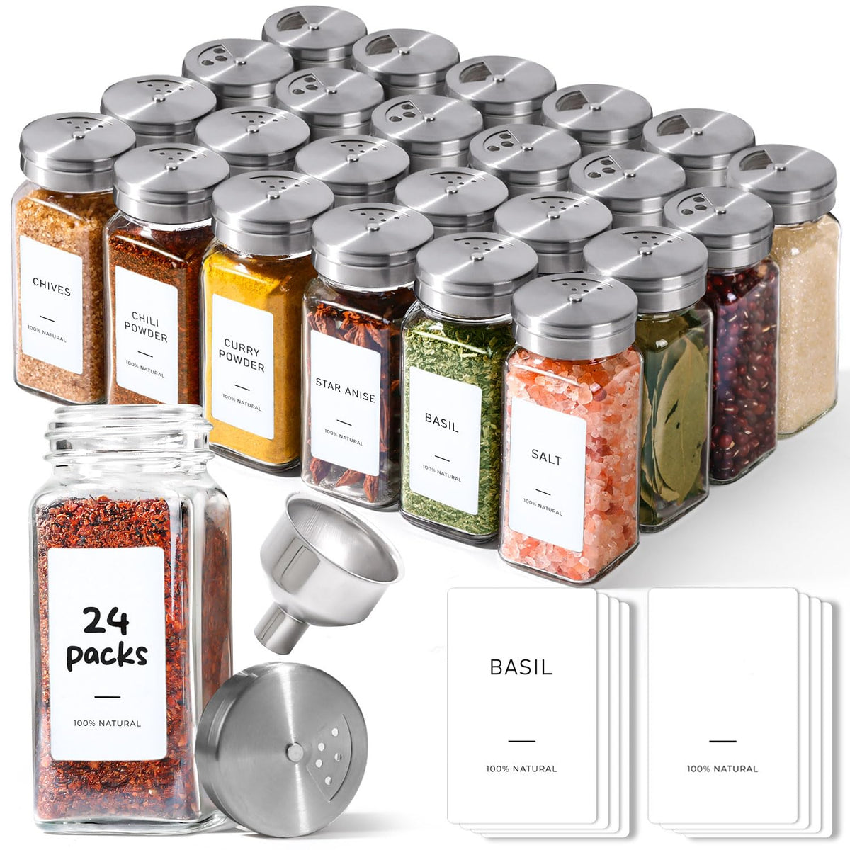 ComSaf Glass Spice Jars with Shaker Lids 4 oz 24 Pack Small Square Bulk Set