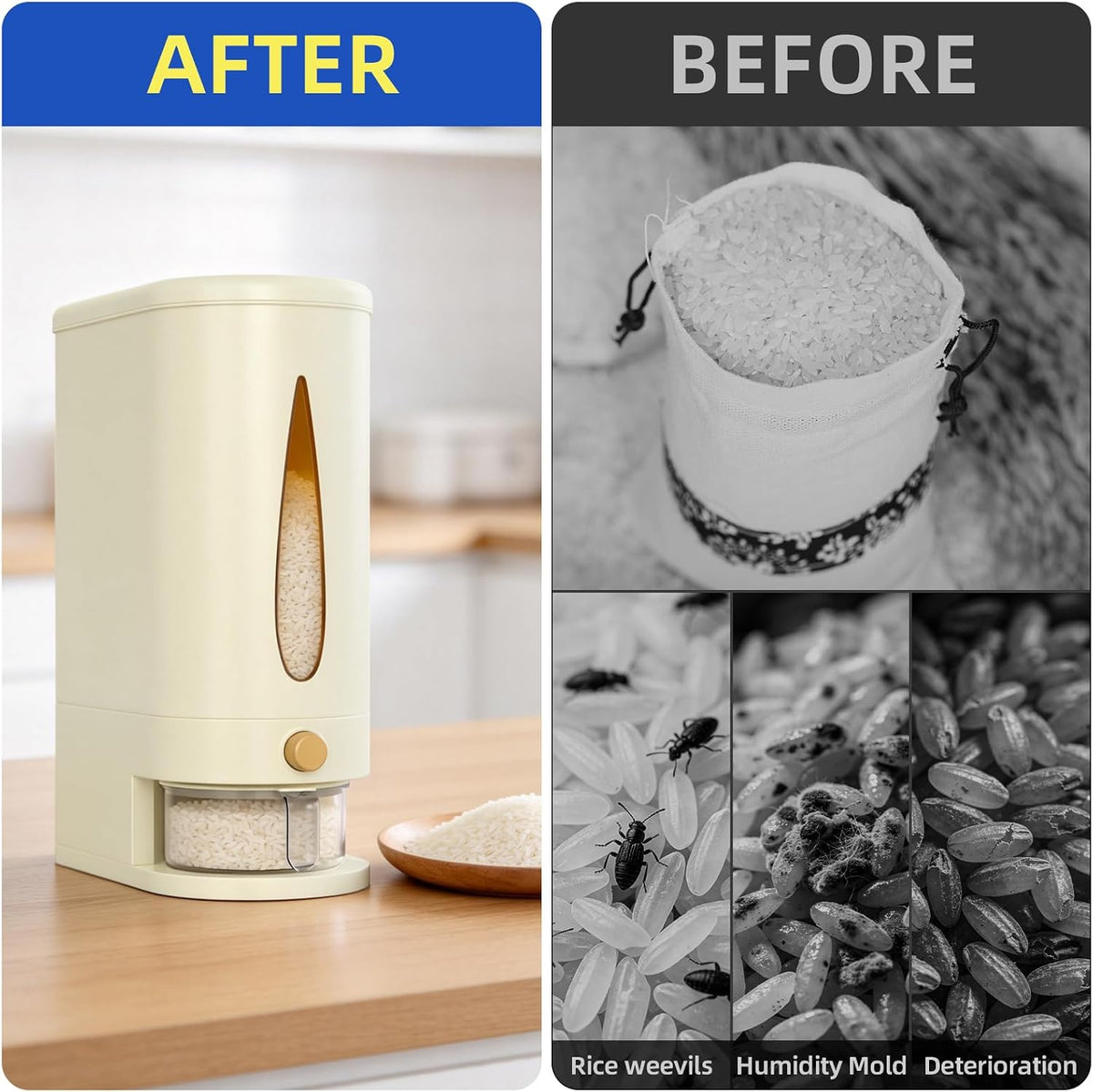 samstar Large Capacity Rice Dispenser 22-25 lbs, Sturdy & Airtight Rice Storage Container, Quick Rice Dispensing Design, Moisture Resistant Grain Storage Bin Rice Holder for Kitchen, BPA-Free, Beige
