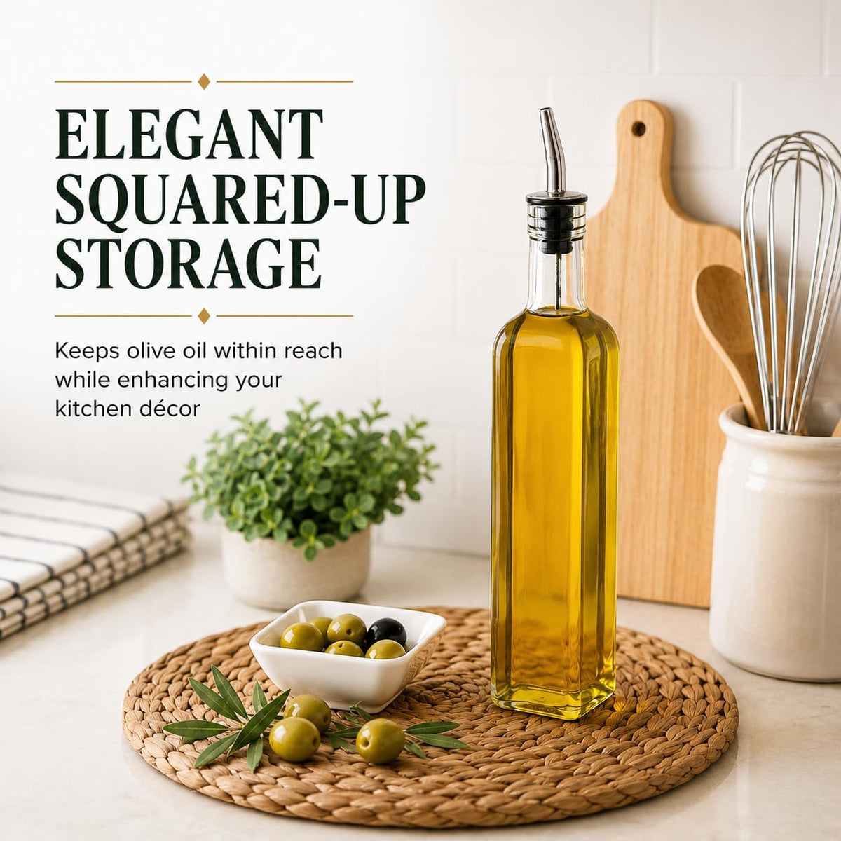 Olive Oil Dispenser Bottle - 16 oz, Made in Italy Glass Olive Oil and Vinegar Cruet with Stainless Steel Spout for Kitchen, Slight Green Tint (2, 473 ml)