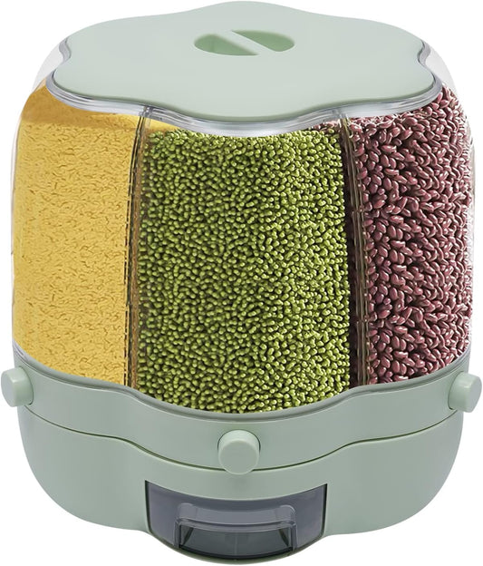 Grain Storage Container Dispenser, 6 Grids rice dispenser rotating, 360° rotating food dispenser One-Click Output rice Storage Round Grain Dispenser Kitchen (Matcha Medium 1.53kg)