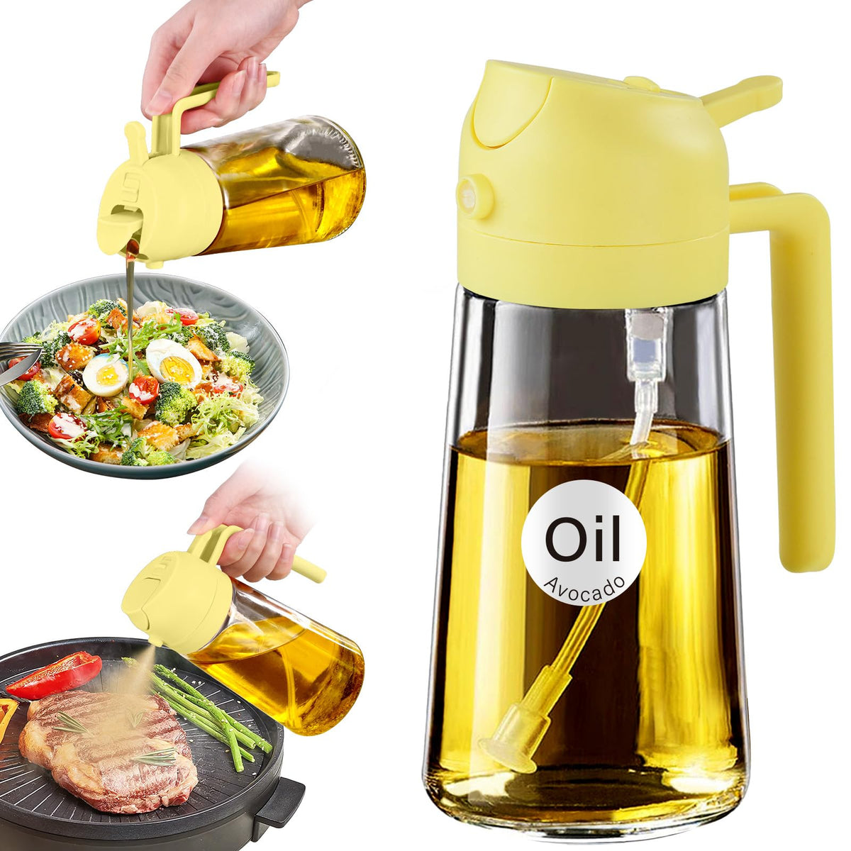 YARRAMATE Olive Oil Dispenser, 2 in 1 Oil Sprayer for Cooking, 16oz/470ml Glass Oil Spray Bottle with Pourer, Food-grade Oil Dispenser and Oil Sprayer for Kitchen, Salad, Frying, BBQ (Black & Green)