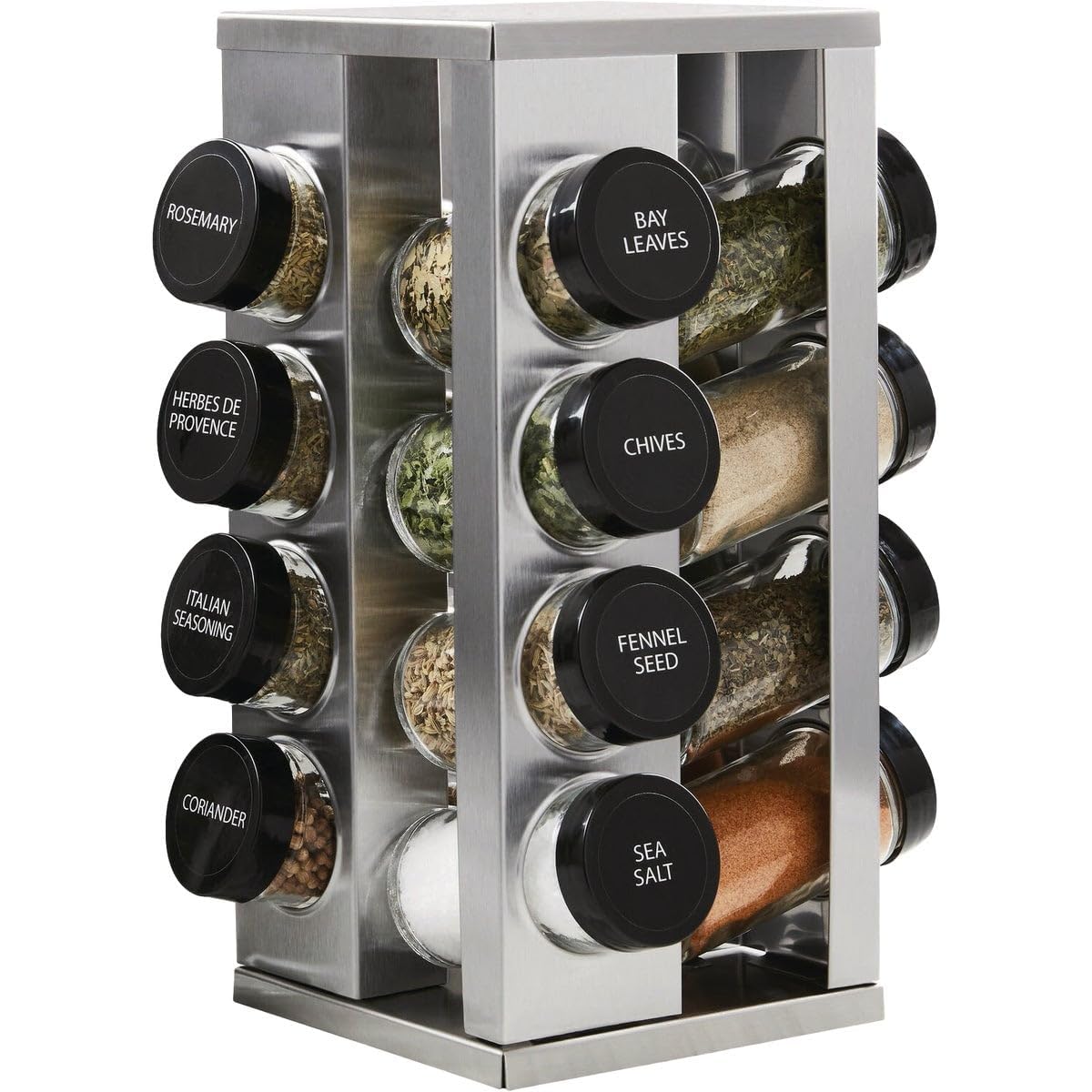 Kamenstein 16 Jar Ellington Revolving Countertop Spice Rack with Lift & Pour Caps and Spices Included, FREE Spice Refills for 5 Years: Black and Chrome