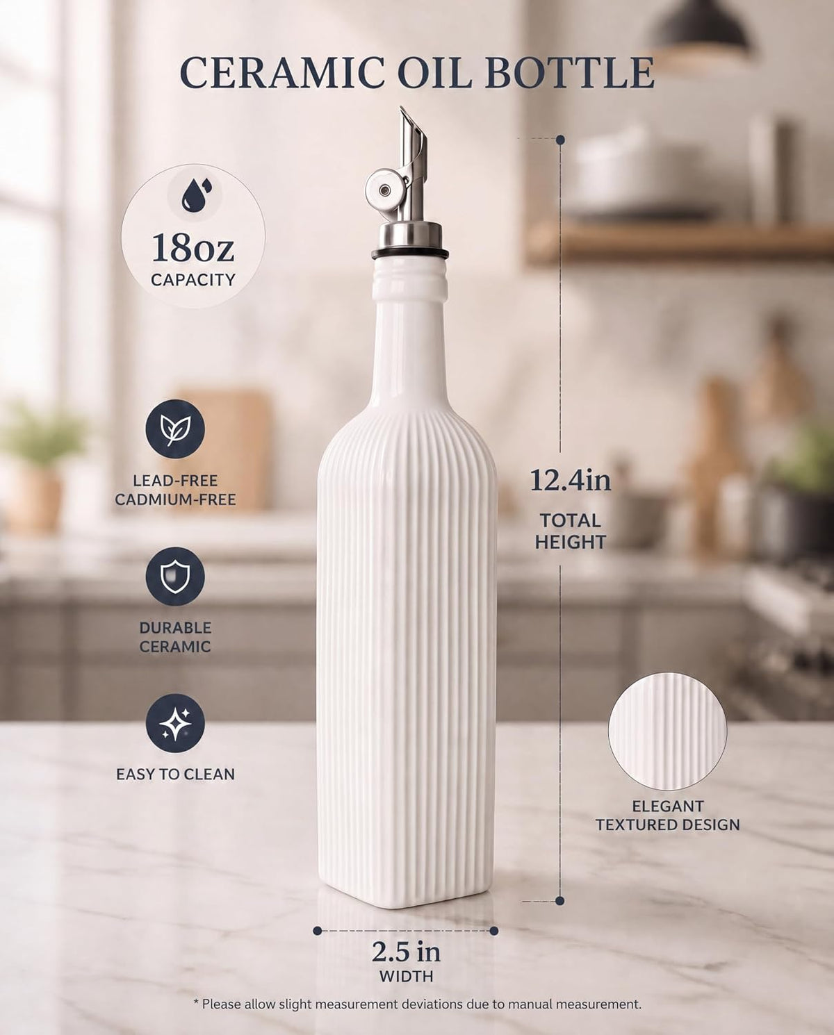 Ceramic Olive Oil Dispenser Bottle with Pourer for Kitchen, 18 oz, white