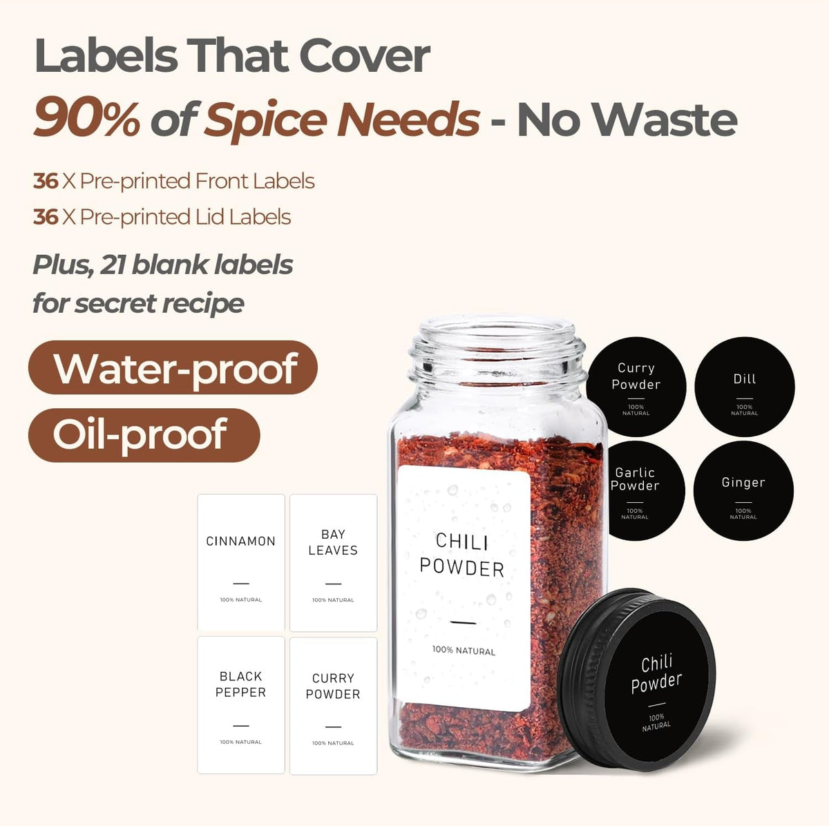 ComSaf Glass Spice Jars with with Labels 4 oz 15 Pack Small Square