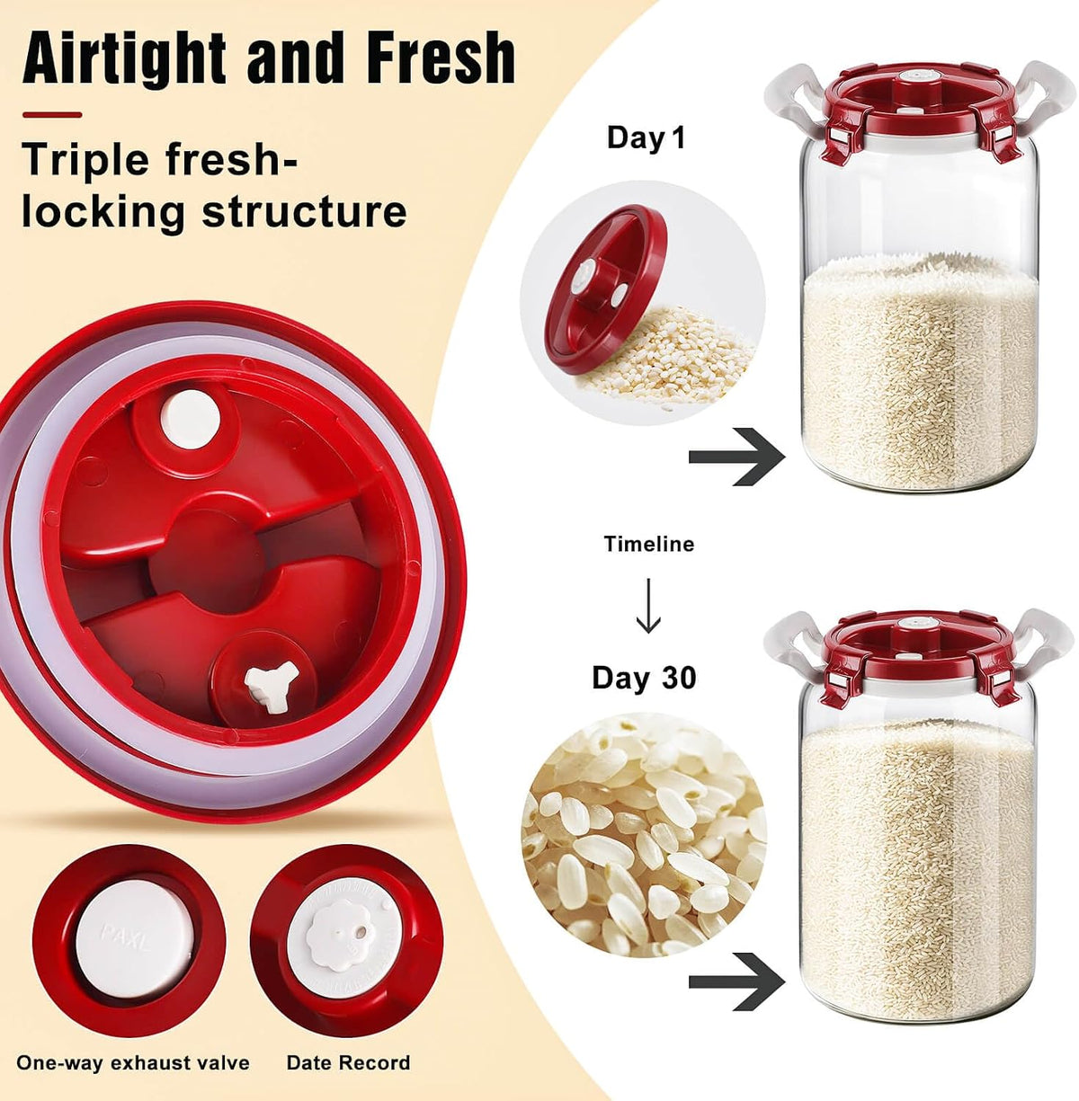 10L Glass Rice Storage Container for 20 lb Rice, Wide Mouth, Airtight Lid