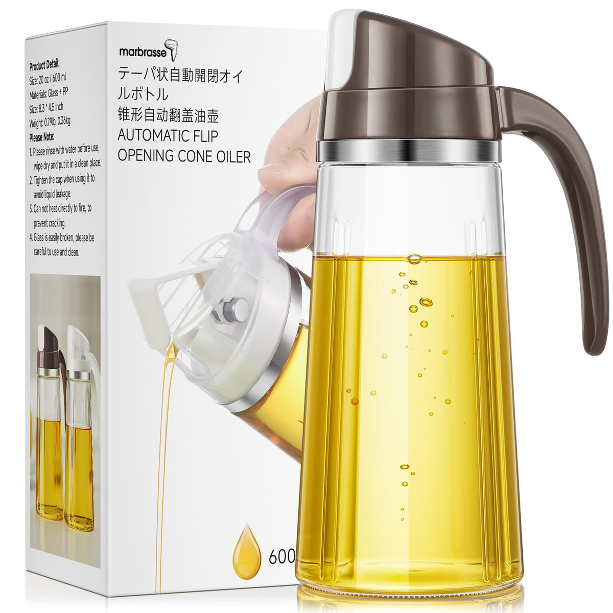 Marbrasse 20oz Glass Oil Dispenser Bottle with Auto Flip Cap, White