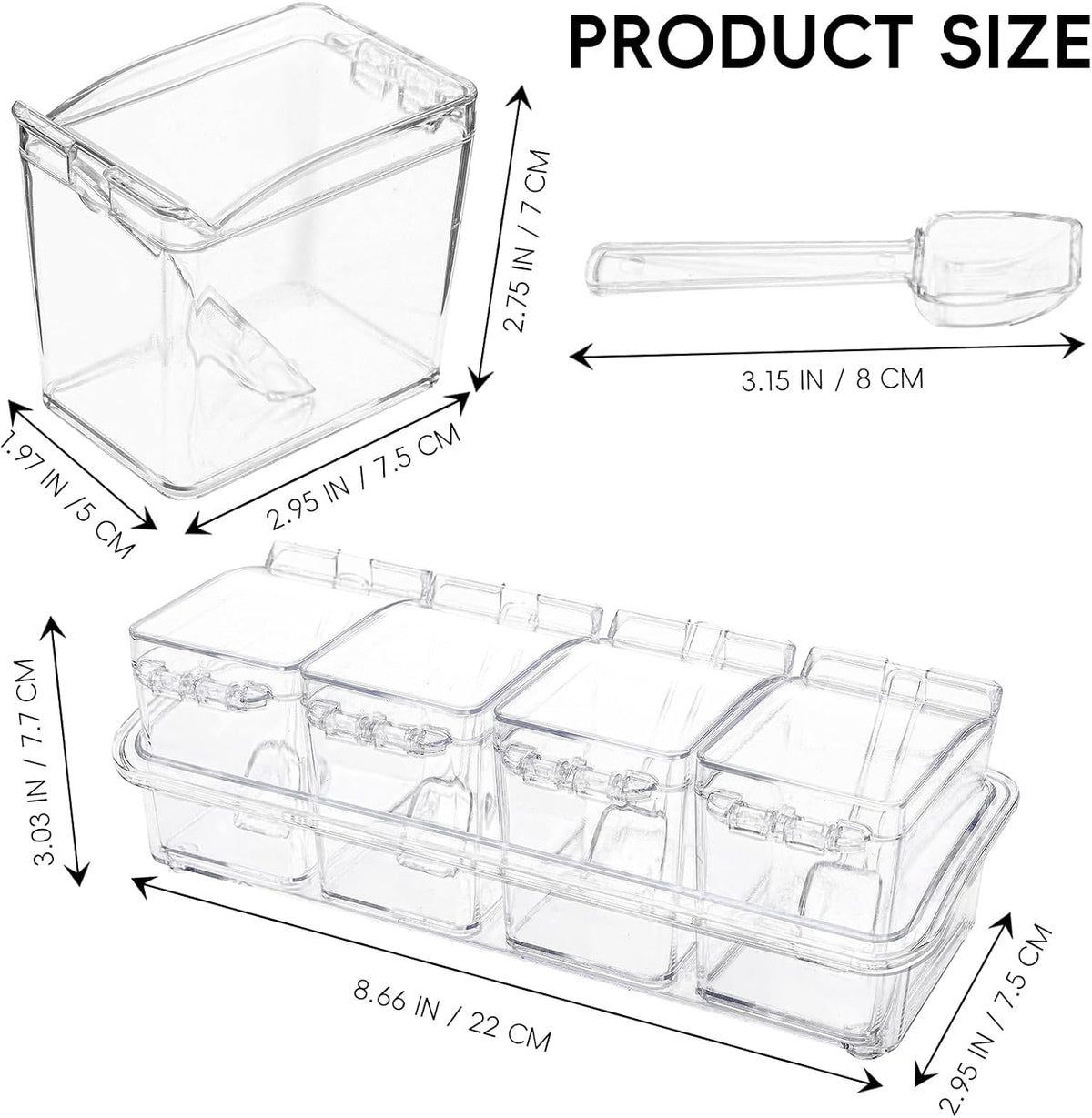 XJMWXHFC Clear Seasoning Box, 4 Pieces Seasoning Rack Spice Pots, Storage Container Condiment Jars Acrylic Seasoning Box with Covers and Spoons for Spice, Sugar, Salt, Sugar, Cardamon, Cinnamon