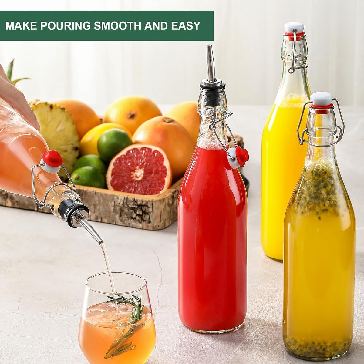 8 PACK [1 Liter/33 fl. oz.] Swing Top Glass Bottles w/ 2 Funnels & Pourers