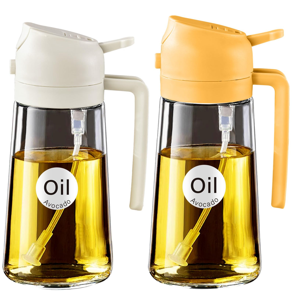 YARRAMATE 2Pcs 16oz/470ml 2 in 1 Oil Sprayer for Cooking with Stickers, Food-grade Glass Oil Spray Bottle, Oil Dispenser and Oil Sprayer for Kitchen, Salad, Frying, BBQ (White &Black)