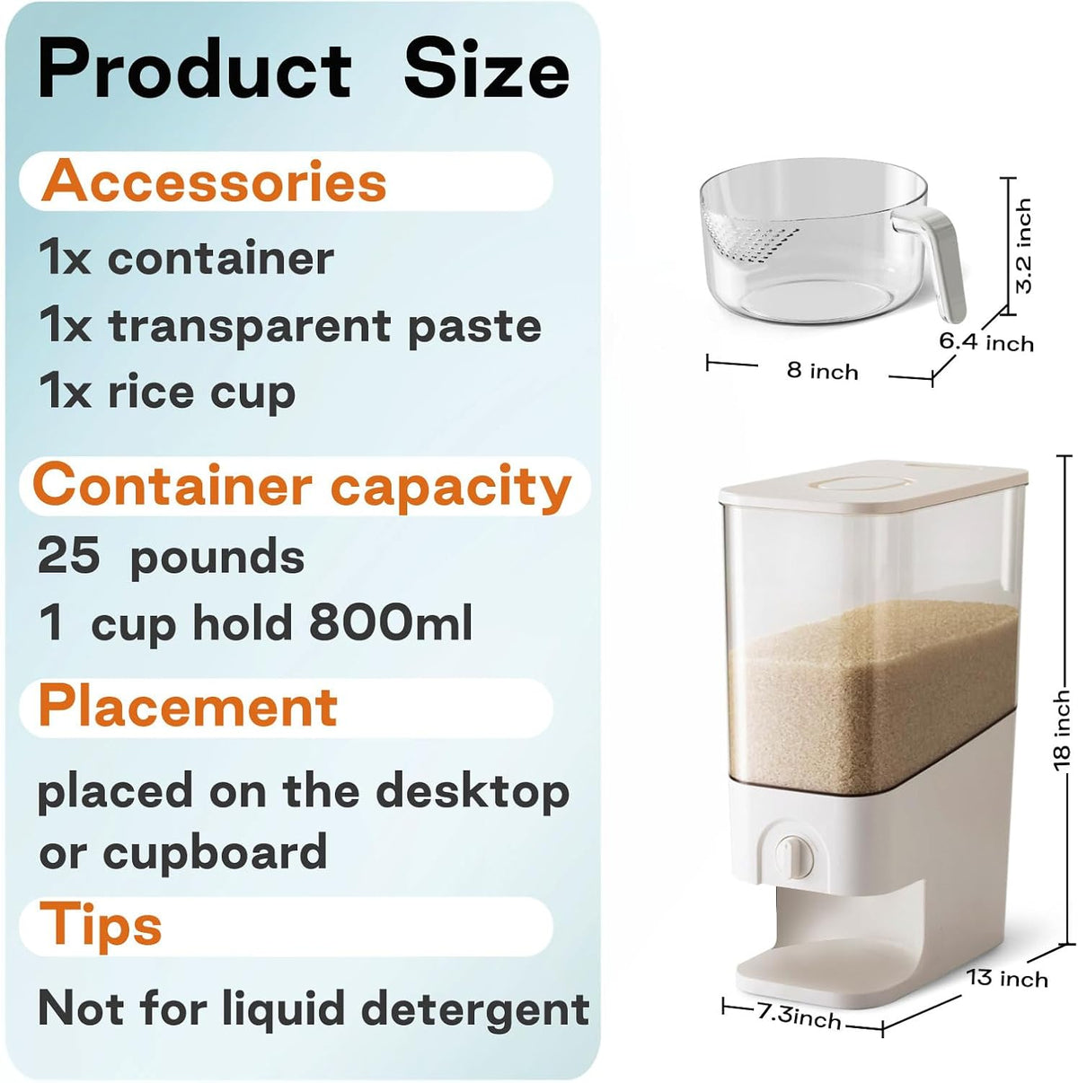 20-25 Lbs Rice Container with Measuring Cup - Airtight/PET BPA-FREE