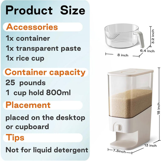 20-25 Lbs Rice Container with Measuring Cup - Airtight/PET BPA-FREE
