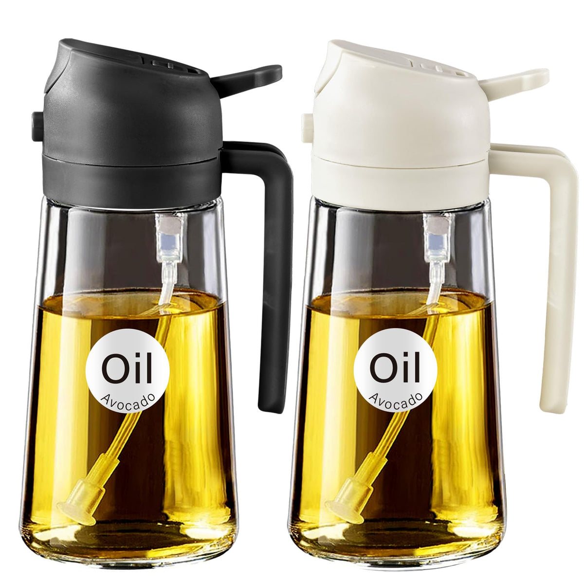 YARRAMATE 2Pcs 16oz/470ml 2 in 1 Oil Sprayer for Cooking with Stickers, Food-grade Glass Oil Spray Bottle, Oil Dispenser and Oil Sprayer for Kitchen, Salad, Frying, BBQ (White &Black)