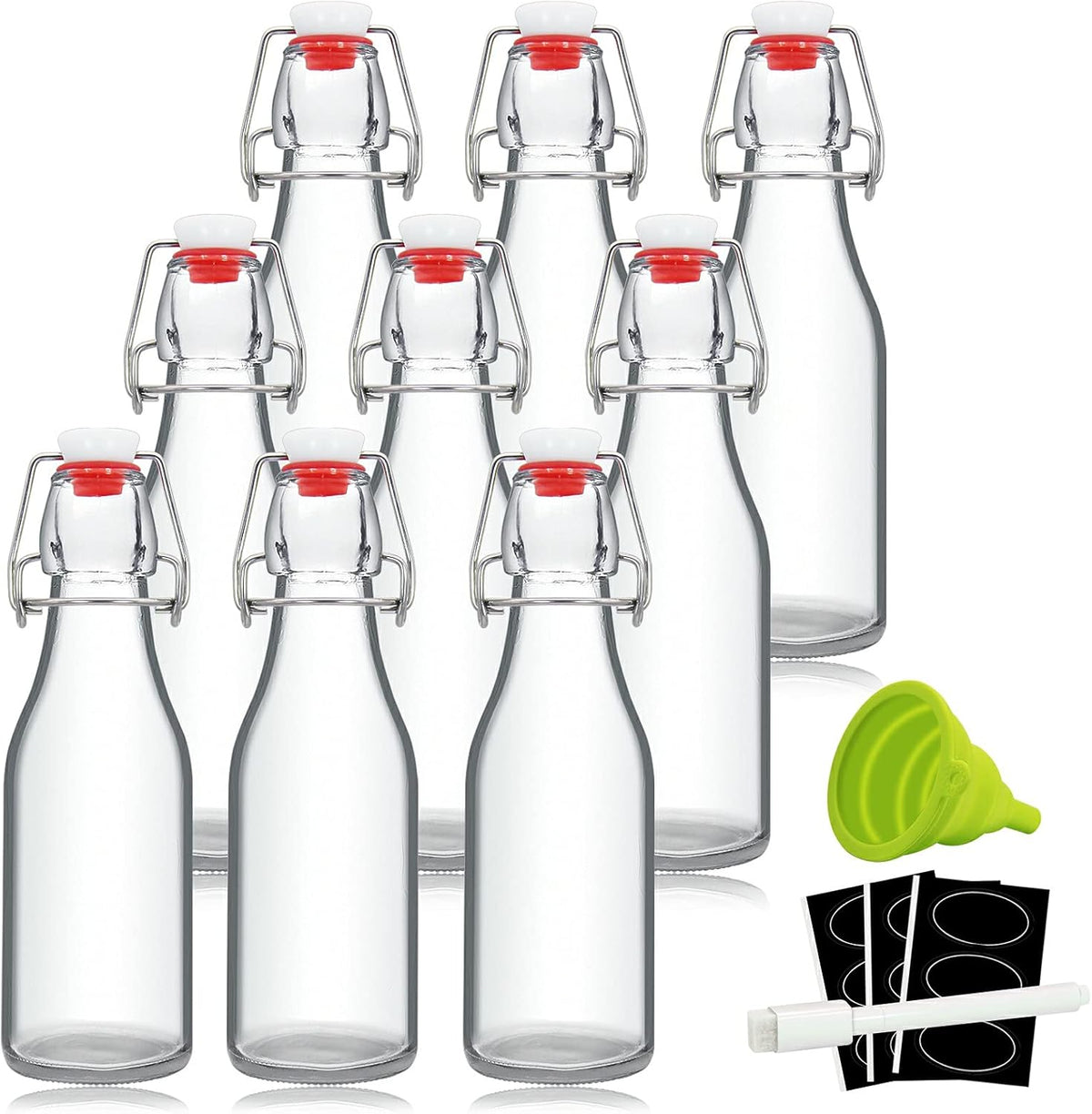YEBODA 8 oz Clear Swing Top Glass Bottles with Airtight Lids, 9 Pack