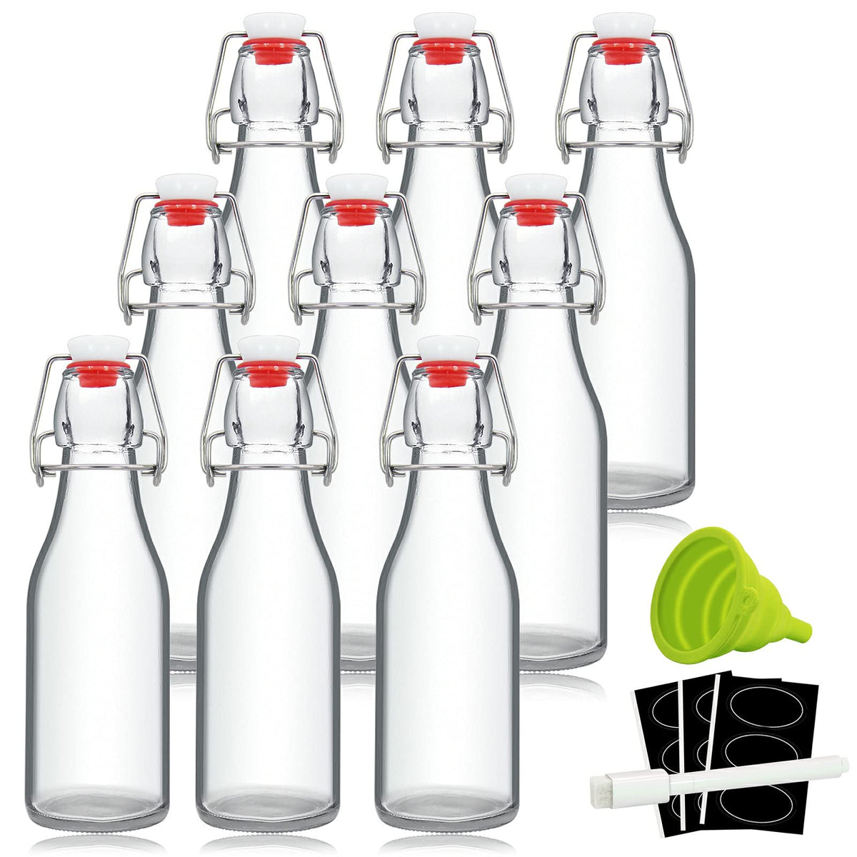 YEBODA 8 oz Clear Swing Top Glass Bottles with Airtight Lids, 9 Pack