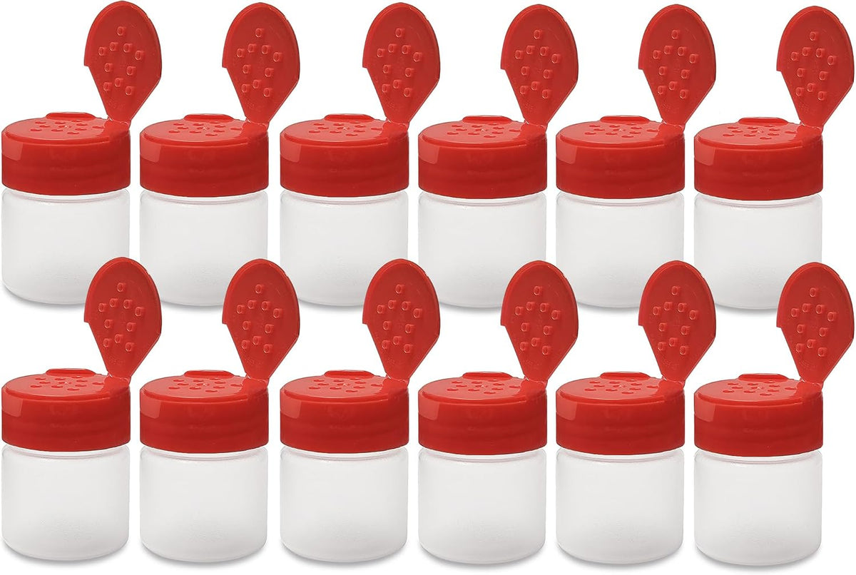 ljdeals 1 oz Plastic Spice Jars with Red Flip & Sift Caps – 12 Pack Empty Spice Bottles for Herbs, Seasonings, Powders, Camping, Travel, Kitchen, Restaurant Use – BPA-Free, Recyclable, Made in USA