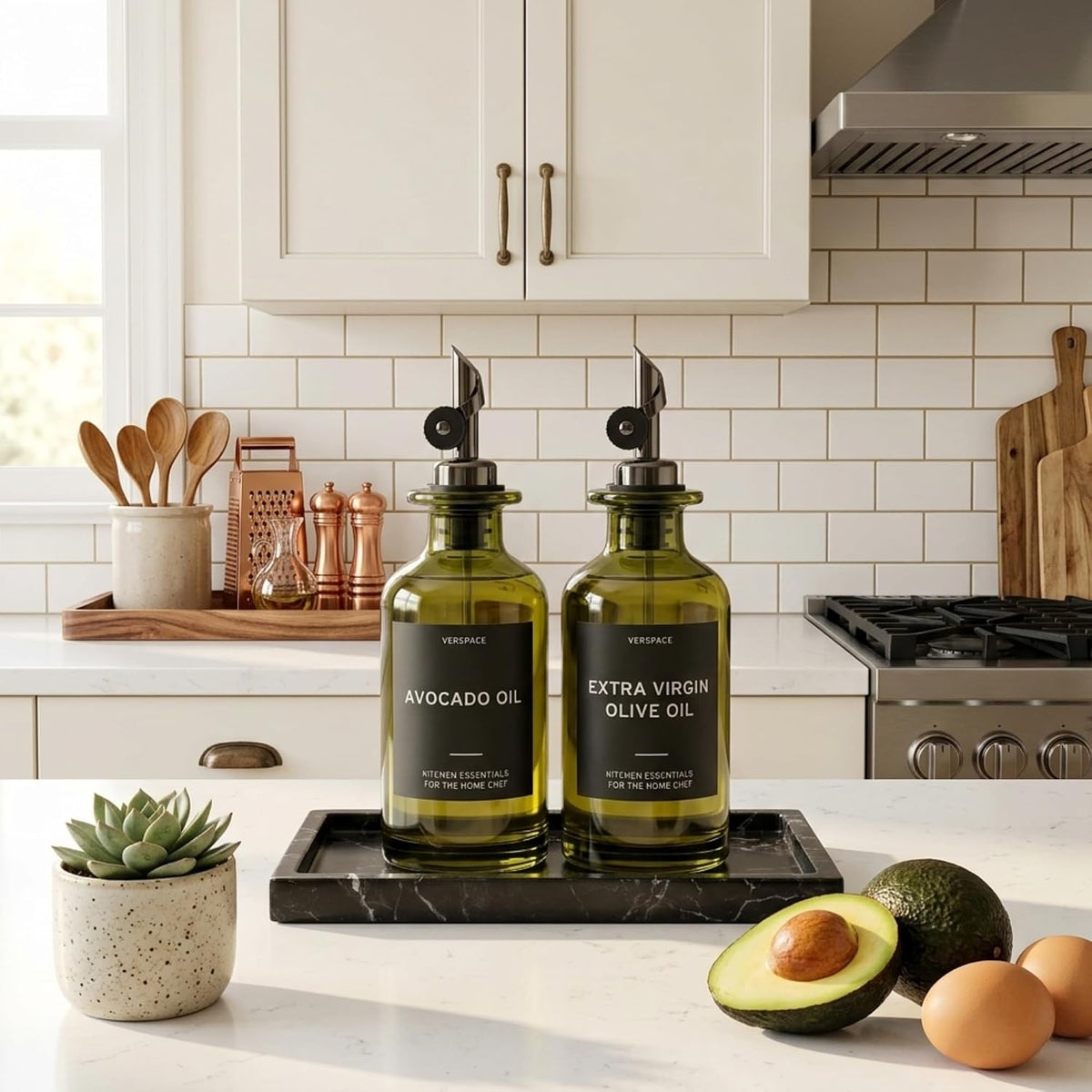 Verspace Green Glass Olive Oil Dispenser Bottles For Kitchen - 2 Pack - 12oz Includes 42 Kitchen Essential Labels, Avocado Oil Dispenser Set, Modern Decor for Home, Airbnb, Cafe