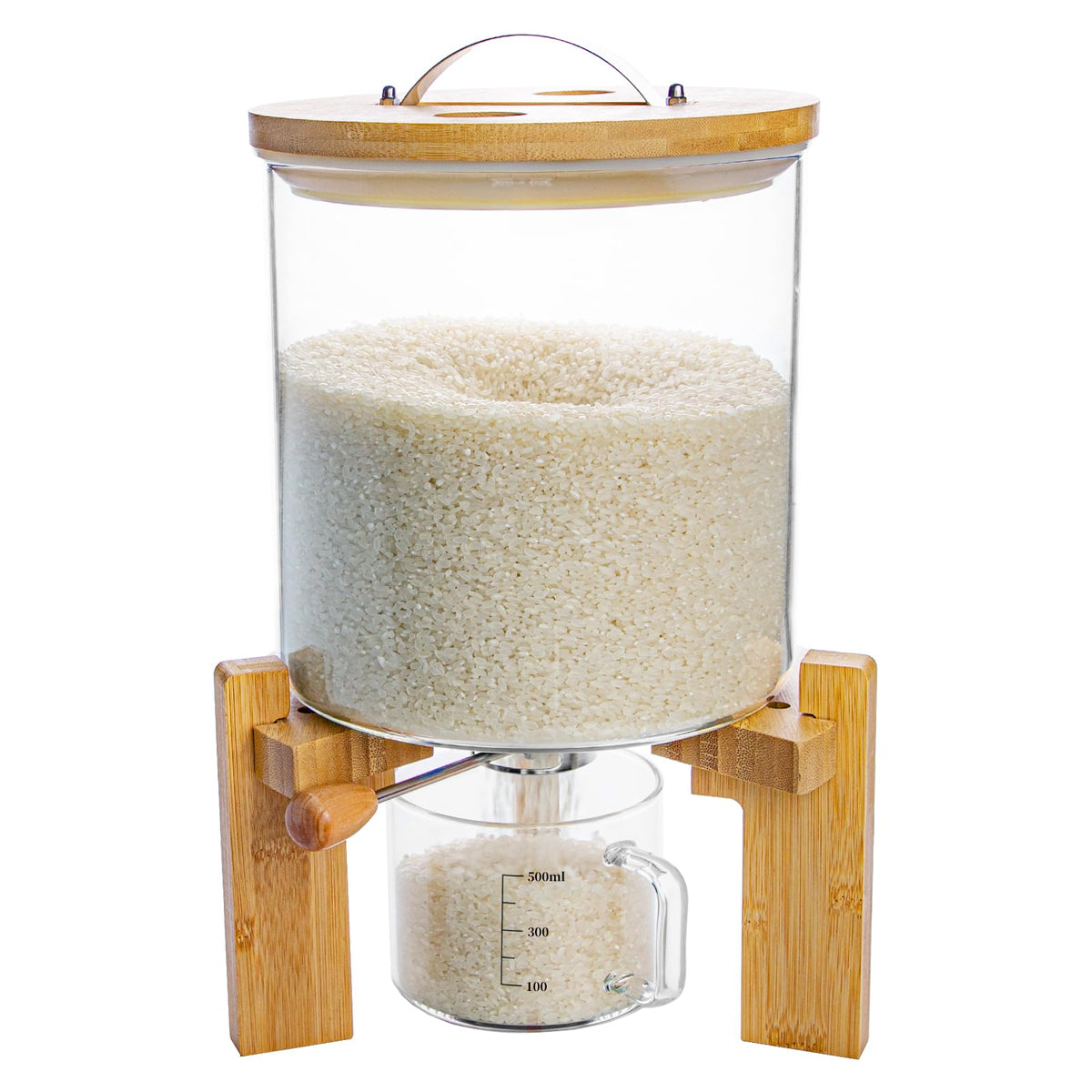 Rice Dispenser, Rice Storage Container, Flour and Cereal Container for Kitchen Organization and Pantry Store, Glass Cereal dispenser with Airtight Lid and Wooden Stand 5L
