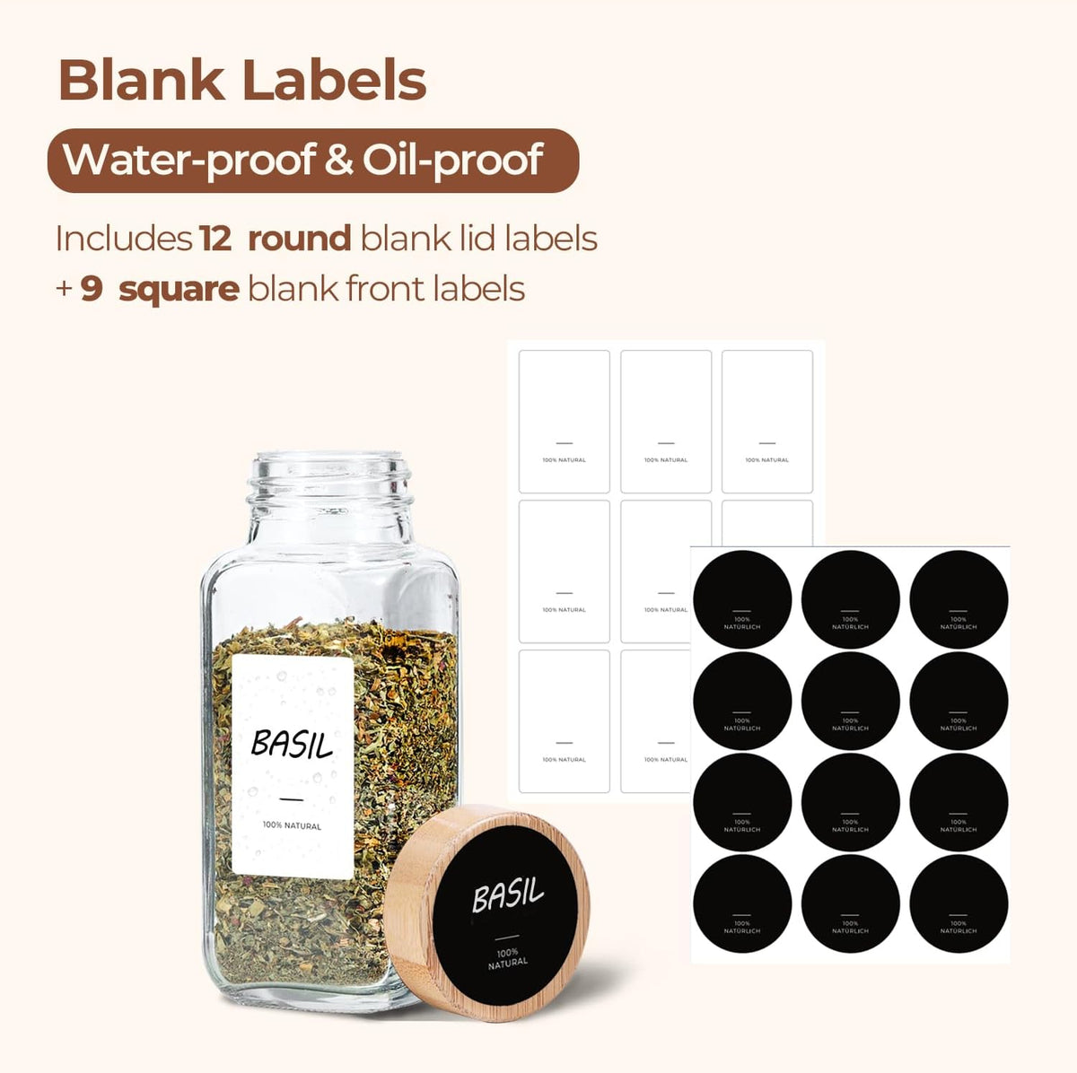 ComSaf Glass Spice Jars with with Labels 8 oz 6 Pack Bamboo Lids