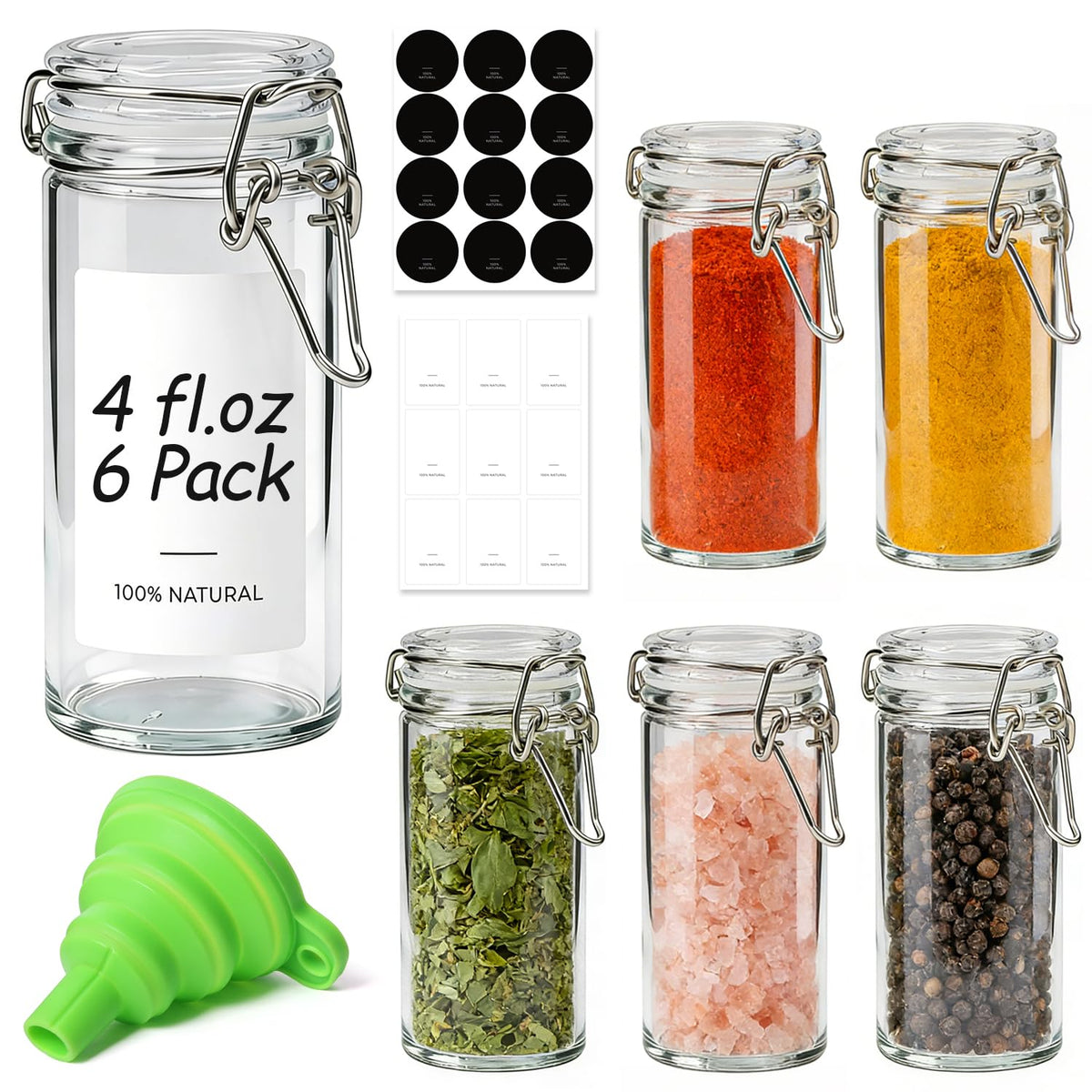 ComSaf Small Glass Spice Jars with Airtight Lids 4 oz 12 Pack with Labels