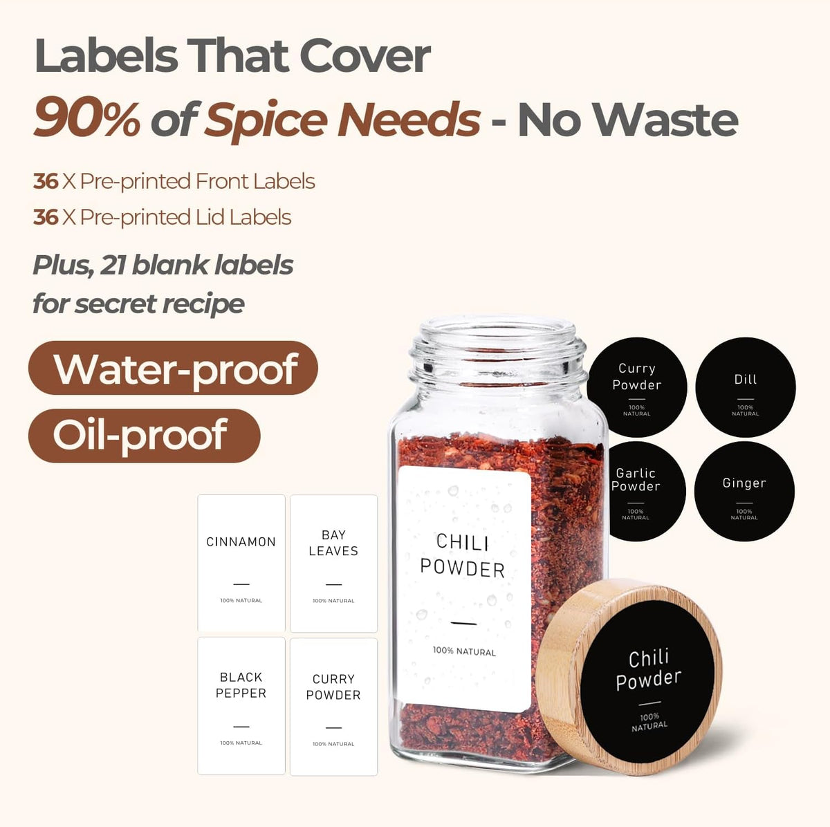 ComSaf Glass Spice Jars with with Labels 4 oz 24 Pack Bamboo Lids Bulk Set