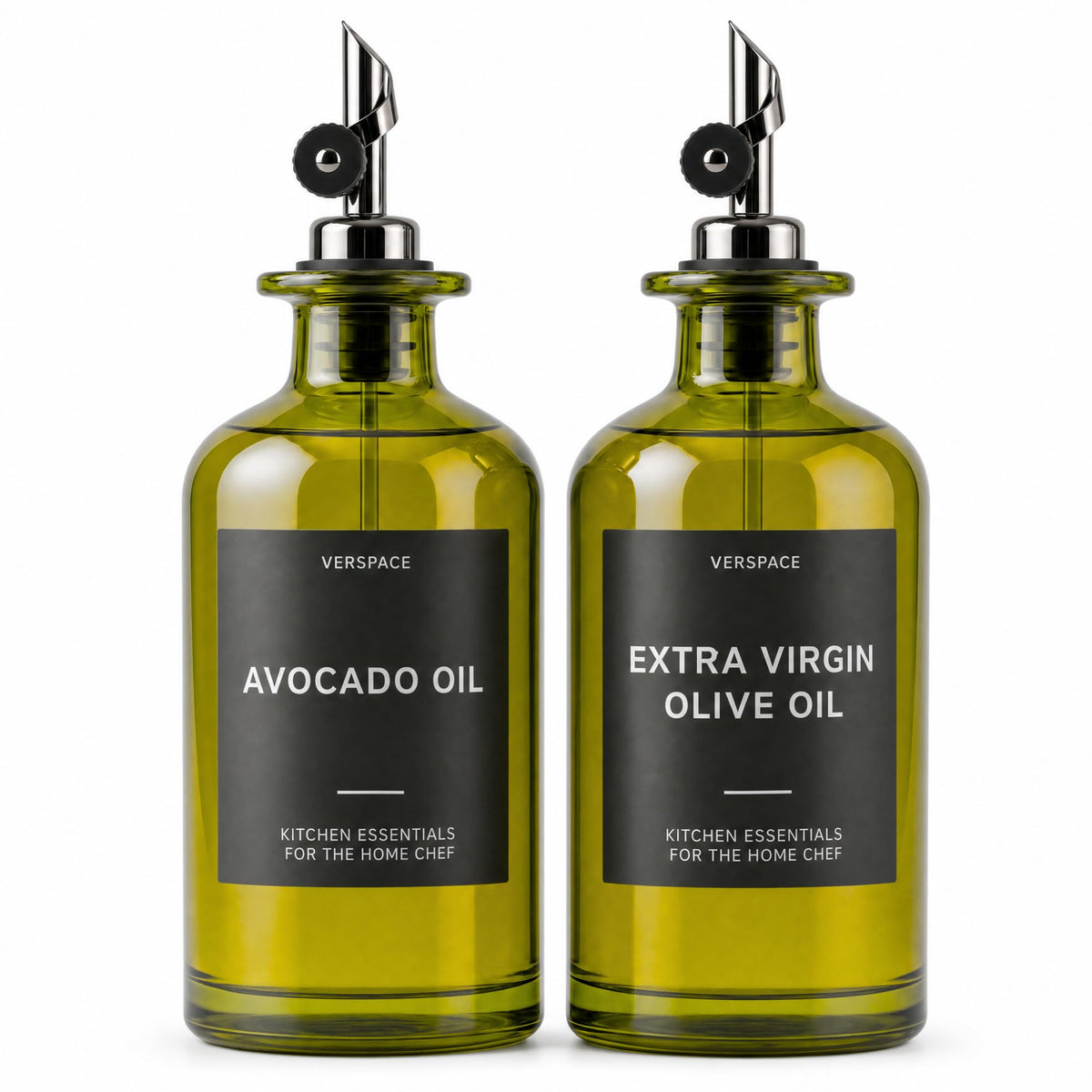 Verspace Green Glass Olive Oil Dispenser Bottles For Kitchen - 2 Pack - 12oz Includes 42 Kitchen Essential Labels, Avocado Oil Dispenser Set, Modern Decor for Home, Airbnb, Cafe