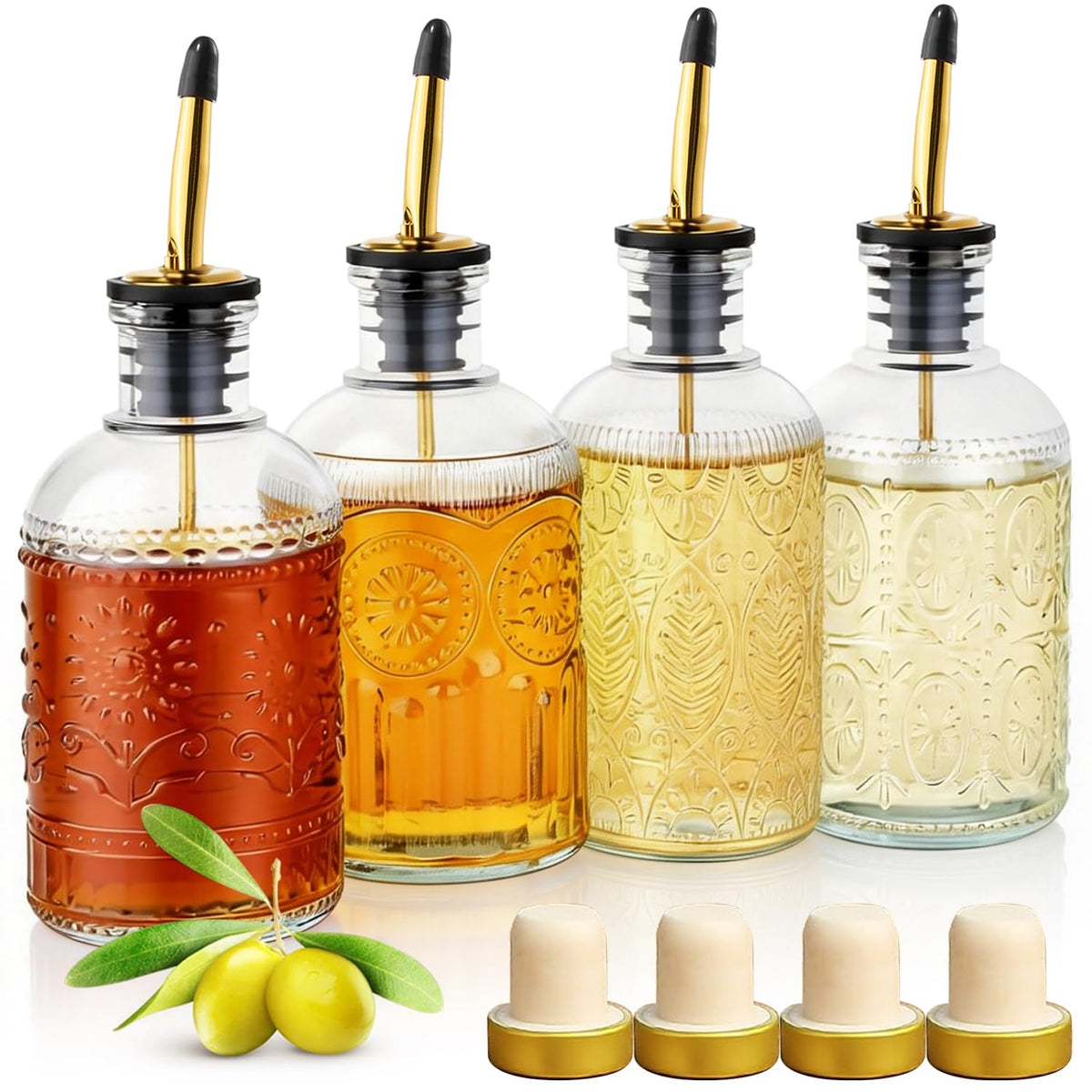 4 Pcs Olive Oil Dispenser Bottle for Kitchen, 17oz Clear Glass Oil and Vinegar Dispenser Bottle Set with 4 Stainless Steel Spouts and 1 Funnel (Square)