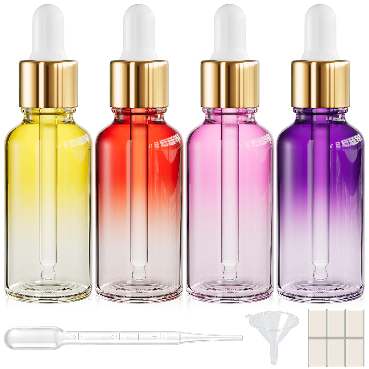 PrettyCare Glass Eye Dropper Bottles 24 Pack, 1oz (30ml) Clear Empty Thick Bottles Bulk with Leakproof Golden Caps - With Labels & Funnels for Storage, Travel, Essential Oils, Cuticle Oils, Tinctures